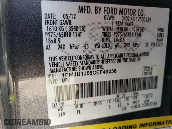 2012 Ford Expedition XLT with VIN 1FMJU1J55CEF49236, listed as a Copart auction lot 60373845 with 140,906 mi miles and Salvage title. Bid and sale history available at DreamBid. Image 13.