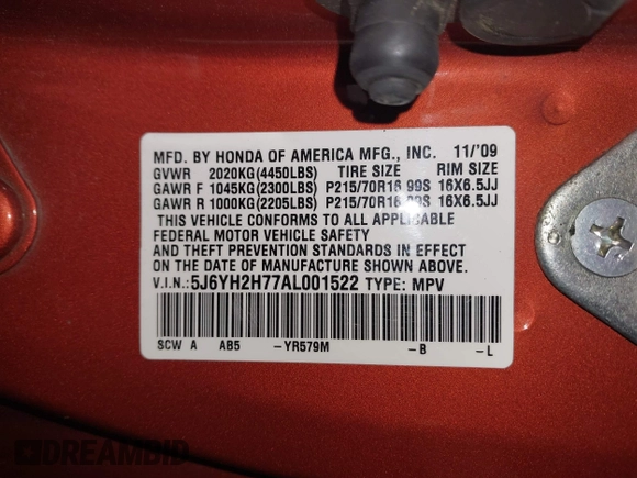 2010 Honda Element EX with VIN 5J6YH2H77AL001522, listed as a IAAI auction lot 41868665 with 253,943 mi miles and . Bid and sale history available at DreamBid. Image 9.