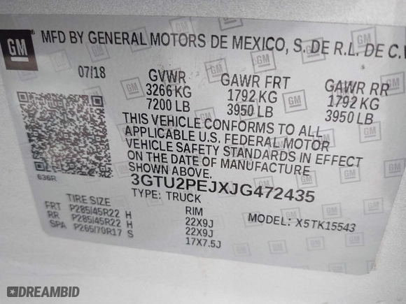 2018 GMC Sierra 1500 Denali with VIN 3GTU2PEJXJG472435, listed as a IAAI auction lot 41376821 with 63,177 mi miles. Bid and sale history available at carsss.com. Image 9.