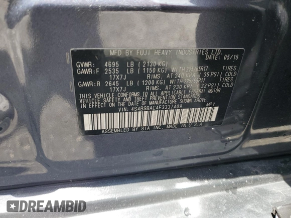 2015 Subaru Outback 2.5i with VIN 4S4BSBAC4F3337409, listed as a Copart auction lot 62709305 with 134,627 mi miles and Salvage title. Bid and sale history available at DreamBid. Image 14.