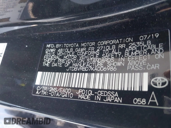 2019 Toyota Mirai with VIN JTDBVRBD7KA006986, listed as a IAAI auction lot 41298053 with Not provided miles and . Bid and sale history available at DreamBid. Image 9.