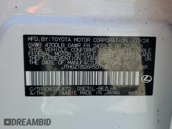 2024 Lexus IS with VIN JTHGZ1B26R5076877, listed as a Copart auction lot 50035165 with 17,527 mi miles and Salvage Title. Bid and sale history available at carsss.com. Image 13.