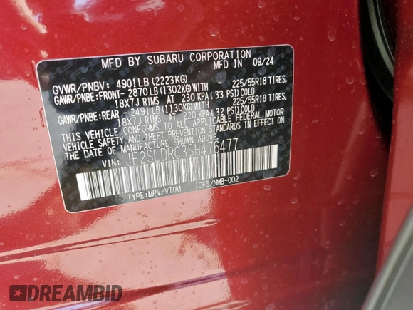 2025 Subaru Forester Limited with VIN JF2SLDRC3SH476477, listed as a Copart auction lot 46288395 with 82 mi miles and Clean Title. Bid and sale history available at carsss.com. Image 14.
