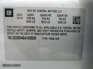 2016 Chevrolet Sonic LT with VIN 1G1JC6SH4G4160556, listed as a Copart auction lot 51443565 with 131,140 mi miles and Clean Title. Bid and sale history available at carsss.com. Image 12.