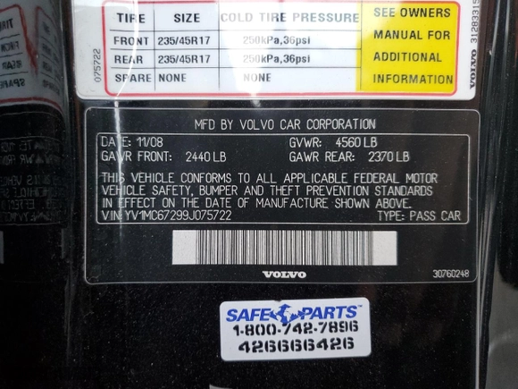 2009 Volvo C70 with VIN YV1MC67299J075722, listed as a Copart auction lot 41420815 with 137,964 mi miles and Salvage Title. Bid and sale history available at carsss.com. Image 13.