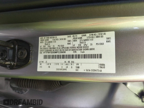 2021 Ford F-150 XL with VIN 1FTFW1E85MFC25658, listed as a IAAI auction lot 42340528 with 85,734 mi miles and . Bid and sale history available at DreamBid. Image 9.