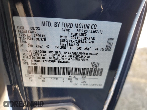 2023 Ford Transit Connect XL with VIN NM0LS7S26P1563585, listed as a Copart auction lot 45320755 with Not provided miles and Salvage title. Bid and sale history available at DreamBid. Image 13.