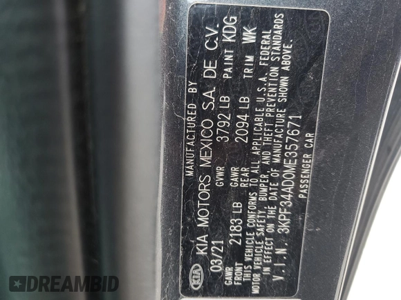 2021 Kia Forte GT-Line с VIN 3KPF34AD0ME357671, выставлен на аукционе Copart как лот 66878244 с пробегом Не указан миль и Списание • Salvage title. История ставок и продаж доступна на DreamBid. Изображение 15.