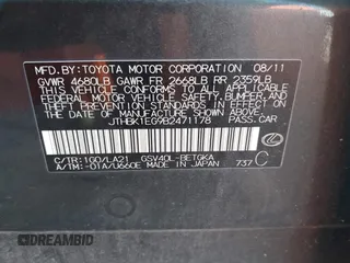 2011 Lexus ES 330 with VIN JTHBK1EG9B2471178, listed as a IAAI auction lot 42613215 with 255,208 mi miles and . Bid and sale history available at DreamBid. Image 9.