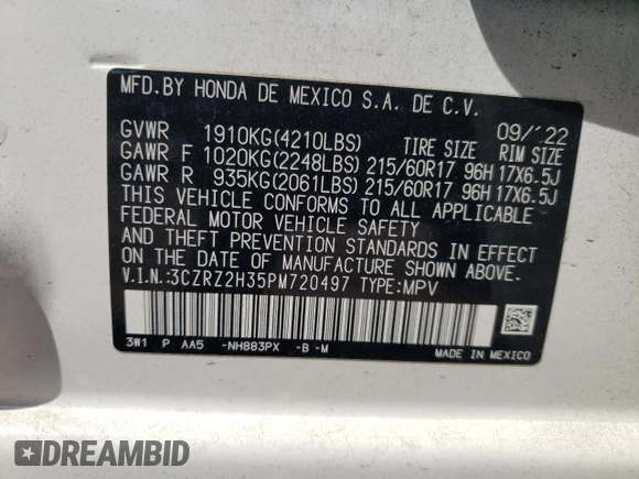 2023 Honda HR-V LX with VIN 3CZRZ2H35PM720497, listed as a Copart auction lot 52847155 with 22,159 mi miles and Salvage title. Bid and sale history available at DreamBid. Image 13.