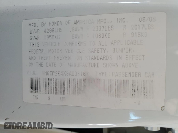 2009 Honda Accord LX-P with VIN 1HGCP264X9A006167, listed as a Copart auction lot 62313135 with 118,750 mi miles and Salvage title. Bid and sale history available at DreamBid. Image 12.