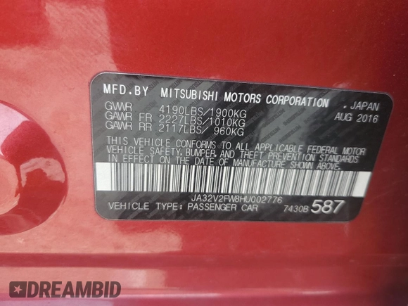 2017 Mitsubishi Lancer ES with VIN JA32V2FW8HU002776, listed as a Copart auction lot 54385355 with 96,620 mi miles and Salvage Title. Bid and sale history available at carsss.com. Image 12.