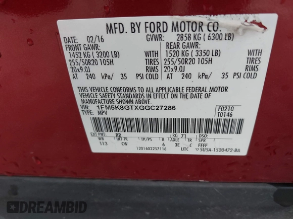 2016 Ford Explorer Sport with VIN 1FM5K8GTXGGC27286, listed as a IAAI auction lot 42529111 with 251,420 mi miles and . Bid and sale history available at DreamBid. Image 9.