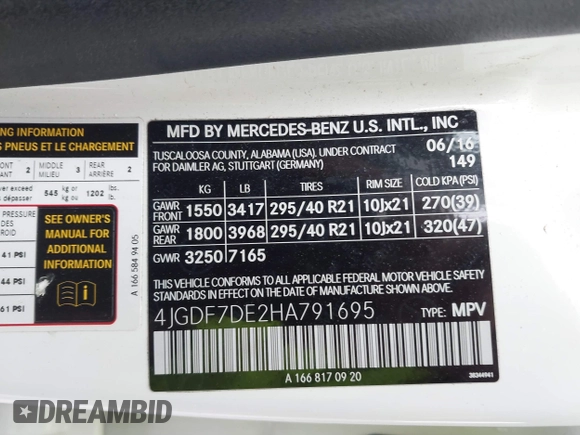 2017 Mercedes-Benz GLS 550 with VIN 4JGDF7DE2HA791695, listed as a IAAI auction lot 42507278 with 185,884 mi miles and . Bid and sale history available at DreamBid. Image 9.