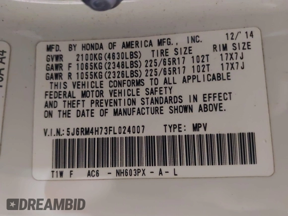 2015 Honda CR-V EX-L with VIN 5J6RM4H73FL024007, listed as a IAAI auction lot 42080104 with 122,083 mi miles. Bid and sale history available at carsss.com. Image 9.