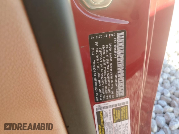 2011 Volkswagen Eos Komfort with VIN WVWBW7AH8BV003481, listed as a Copart auction lot 83985554 with 123,299 mi miles and Salvage Title. Bid and sale history available at DreamBid. Image 13.