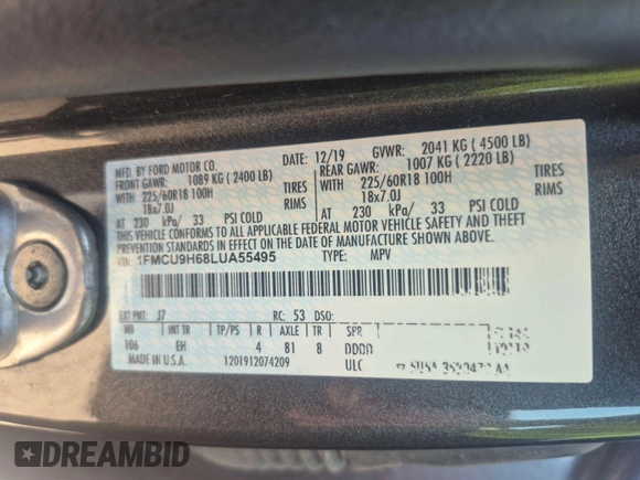 2020 Ford Escape SEL с VIN 1FMCU9H68LUA55495, выставлен на аукционе IAAI как лот 42841805 с пробегом 99 887 миль миль и . История ставок и продаж доступна на DreamBid. Изображение 20.