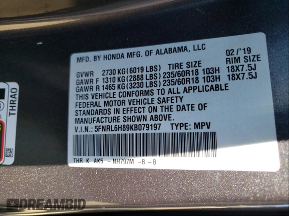 2019 Honda Odyssey Touring with VIN 5FNRL6H89KB079197, listed as a Copart auction lot 57996861 with Not provided miles and Non repairable. Bid and sale history available at DreamBid. Image 10.