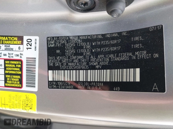 2017 Toyota Sienna XLE Auto Access Seat with VIN 5TDYZ3DC5HS876635, listed as a IAAI auction lot 41874863 with 89,292 mi miles and . Bid and sale history available at DreamBid. Image 9.