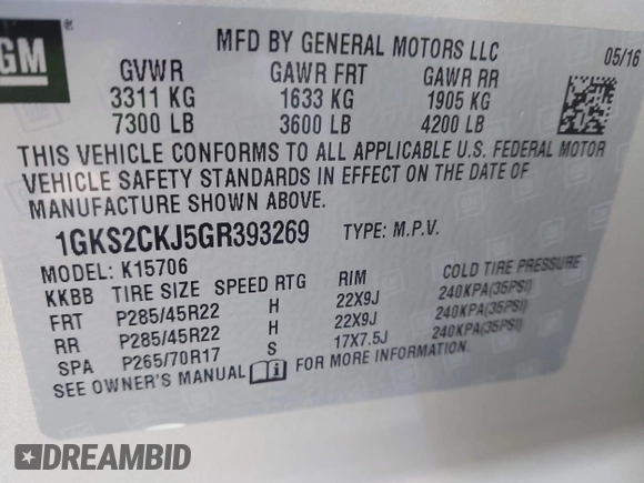 2016 GMC Yukon Denali with VIN 1GKS2CKJ5GR393269, listed as a IAAI auction lot 41963630 with 158,584 mi miles and . Bid and sale history available at DreamBid. Image 9.