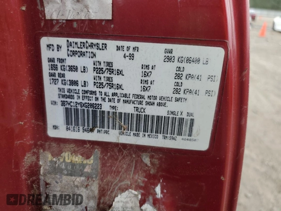 1999 Dodge 1500 with VIN 3B7HC12Y6XG206223, listed as a Copart auction lot 46043754 with 177,716 mi miles and Salvage Title. Bid and sale history available at DreamBid. Image 13.