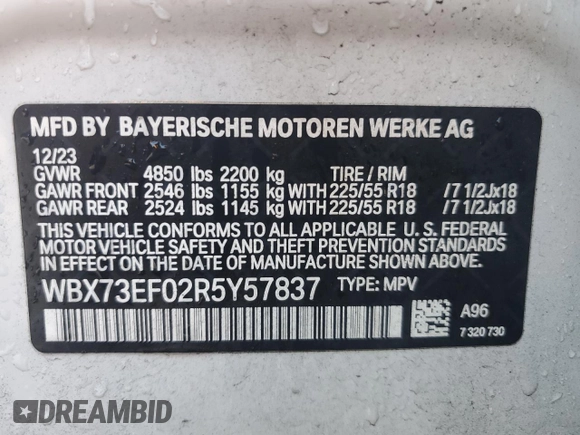 2024 BMW X1 xDrive28i with VIN WBX73EF02R5Y57837, listed as a Copart auction lot 80503574 with 17,382 mi miles and Salvage Title. Bid and sale history available at carsss.com. Image 13.