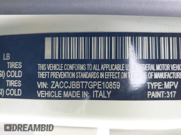 2016 Jeep Renegade Latitude with VIN ZACCJBBT7GPE10859, listed as a IAAI auction lot 41918438 with 117,036 mi miles. Bid and sale history available at carsss.com. Image 9.