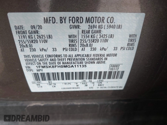 2021 Ford Explorer Limited with VIN 1FMSK8FH0MGA11135, listed as a IAAI auction lot 41912169 with 10,260 mi miles. Bid and sale history available at carsss.com. Image 9.