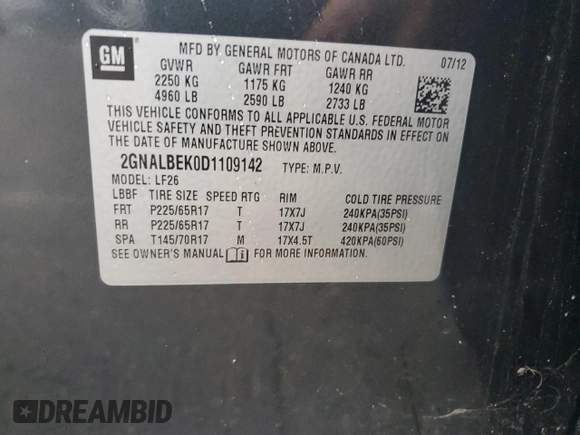 2013 Chevrolet Equinox LS z VIN 2GNALBEK0D1109142, wystawiony jako Copart lot #59656665 z przebiegiem 114 988 mil mil oraz Szkoda całkowita • Salvage title. Historia ofert i sprzedaży dostępna na DreamBid. Obrazek 13.