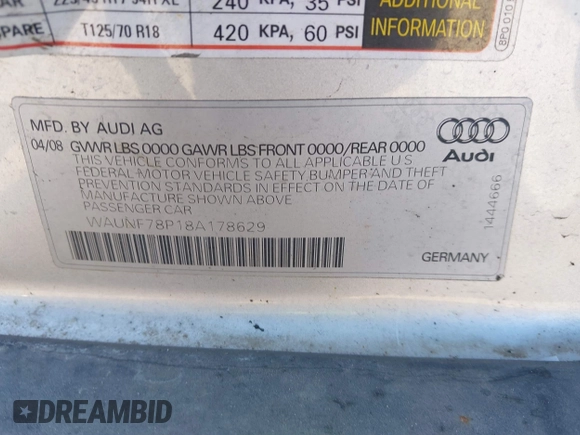 2008 Audi A3 with VIN WAUNF78P18A178629, listed as a IAAI auction lot 41214905 with 1 mi miles. Bid and sale history available at carsss.com. Image 9.