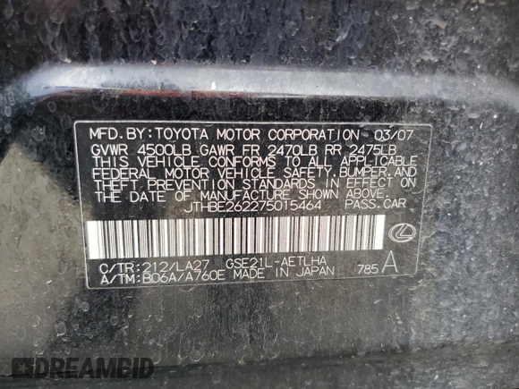 2007 Lexus IS 350 with VIN JTHBE262275015464, listed as a Copart auction lot 55032655 with 157,648 mi miles and Salvage Title. Bid and sale history available at DreamBid. Image 13.
