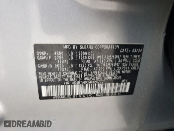 2024 Subaru Outback Premium with VIN 4S4BTADC5R3257771, listed as a Copart auction lot 60492685 with 23,185 mi miles and Salvage title. Bid and sale history available at DreamBid. Image 13.