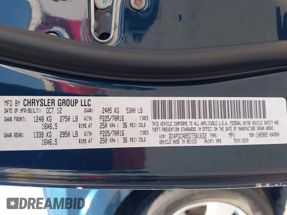 2013 Dodge Journey American Value with VIN 3C4PDCAB5DT561632, listed as a IAAI auction lot 42414827 with Not provided miles and . Bid and sale history available at DreamBid. Image 9.