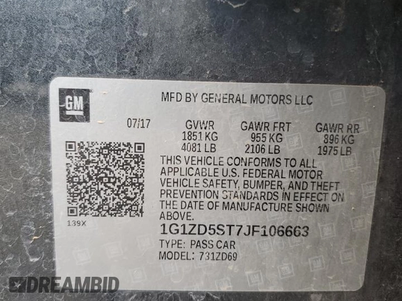2018 Chevrolet Malibu LT with VIN 1G1ZD5ST7JF106663, listed as a Copart auction lot 58697225 with 249,808 mi miles and Salvage title. Bid and sale history available at DreamBid. Image 12.