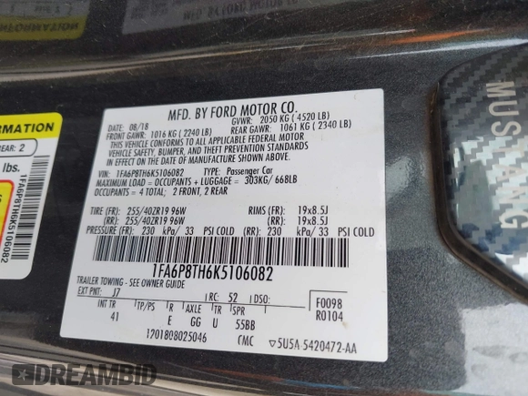 2019 Ford Mustang EcoBoost with VIN 1FA6P8TH6K5106082, listed as a IAAI auction lot 42466881 with 105,323 mi miles and . Bid and sale history available at DreamBid. Image 9.