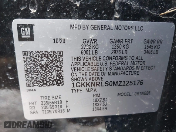 2021 GMC Acadia SLE with VIN 1GKKNRLS0MZ125176, listed as a IAAI auction lot 41610339 with Not Provided miles. Bid and sale history available at carsss.com. Image 9.