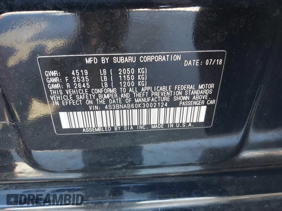 2019 Subaru Legacy with VIN 4S3BNAB60K3002124, listed as a IAAI auction lot 41756463 with 34,940 mi miles. Bid and sale history available at carsss.com. Image 9.