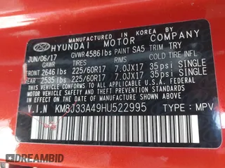2017 Hyundai Tucson SE Plus with VIN KM8J33A49HU522995, listed as a IAAI auction lot 41846146 with 1 mi miles. Bid and sale history available at carsss.com. Image 9.