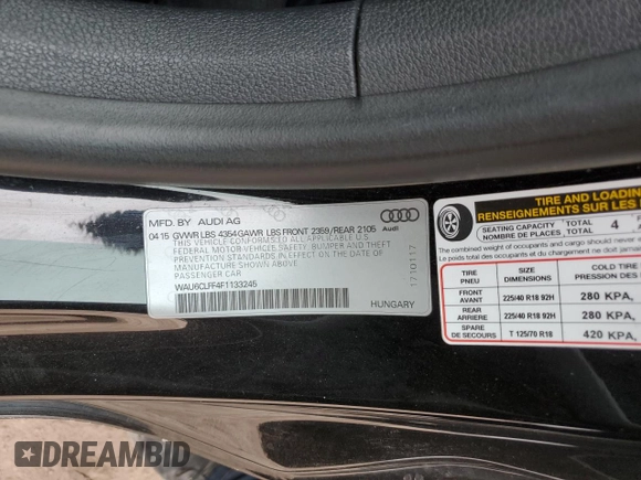 2015 Audi A3 1.8T Premium with VIN WAU6CLFF4F1133245, listed as a Copart auction lot 45140505 with 84,529 mi miles and Salvage Title. Bid and sale history available at carsss.com. Image 12.