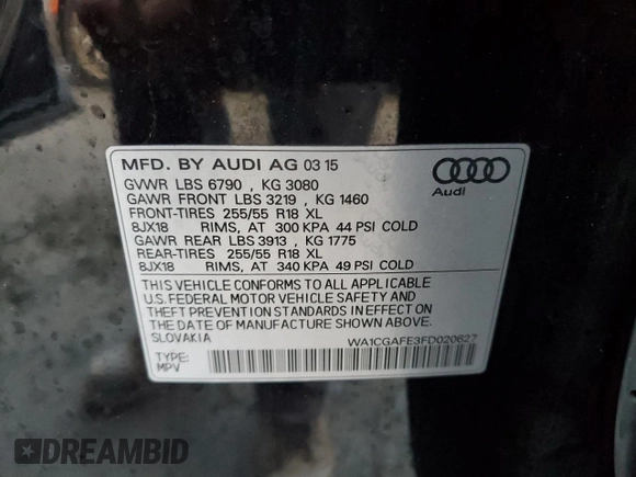2015 Audi Q7 3.0T Premium with VIN WA1CGAFE3FD020627, listed as a Copart auction lot 85664004 with 110,789 mi miles and Salvage Title. Bid and sale history available at carsss.com. Image 13.