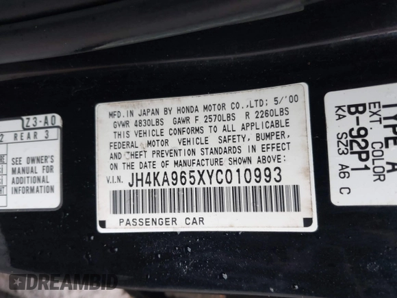2000 Acura RL with VIN JH4KA965XYC010993, listed as a IAAI auction lot 41239719 with 1 mi miles. Bid and sale history available at carsss.com. Image 9.