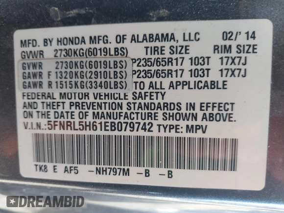 2014 Honda Odyssey EX-L with VIN 5FNRL5H61EB079742, listed as a IAAI auction lot 41992473 with 125,397 mi miles and . Bid and sale history available at carsss.com. Image 9.