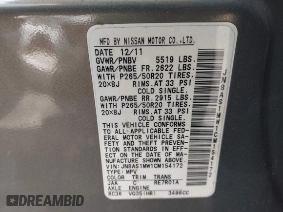 2012 Infiniti FX with VIN JN8AS1MW1CM154172, listed as a IAAI auction lot 42223630 with 172,779 mi miles and . Bid and sale history available at DreamBid. Image 9.