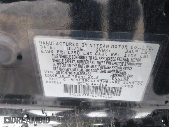 2016 Nissan Versa S Plus with VIN 3N1CN7AP4GL906168, listed as a IAAI auction lot 41562501 with 194,902 mi miles. Bid and sale history available at carsss.com. Image 9.