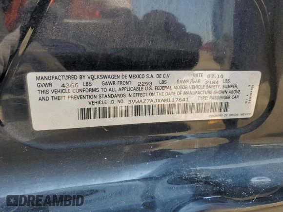 2010 Volkswagen Jetta Limited Edition with VIN 3VWAZ7AJXAM117641, listed as a Copart auction lot 62747675 with 174,407 mi miles and Salvage title. Bid and sale history available at DreamBid. Image 12.