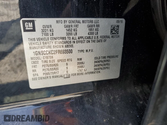 2015 Chevrolet Tahoe LTZ with VIN 1GNSCCKC2FR693500, listed as a Copart auction lot 60225195 with 206,210 mi miles and Salvage title. Bid and sale history available at DreamBid. Image 14.