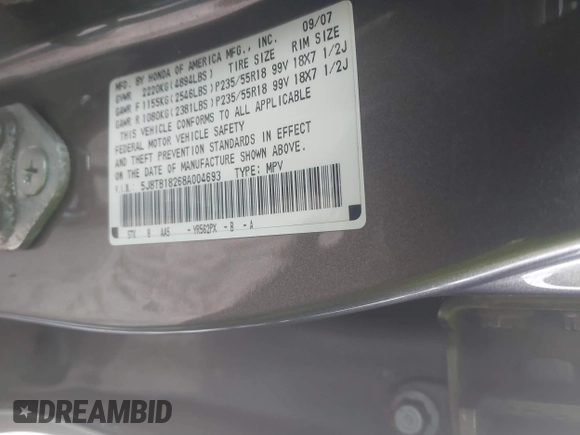 2008 Acura RDX with VIN 5J8TB18268A004693, listed as a IAAI auction lot 41131761 with 156,919 mi miles. Bid and sale history available at carsss.com. Image 9.