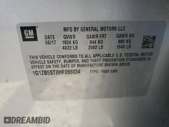 2017 Chevrolet Malibu LS with VIN 1G1ZB5ST8HF288034, listed as a Copart auction lot 55025405 with 104,716 mi miles and Salvage Title. Bid and sale history available at DreamBid. Image 13.