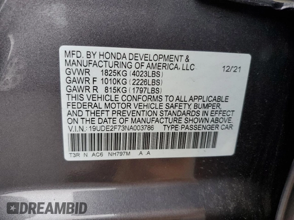 2022 Acura ILX Premium with VIN 19UDE2F73NA003786, listed as a Copart auction lot 80164114 with 35,228 mi miles and Salvage Title. Bid and sale history available at DreamBid. Image 12.