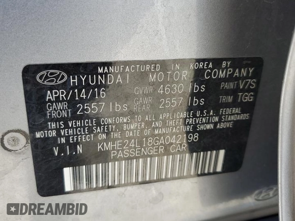 2016 Hyundai Sonata Hybrid SE with VIN KMHE24L18GA042198, listed as a Copart auction lot 61177343 with 95,810 mi miles. Bid and sale history available at carsss.com. Image 12.